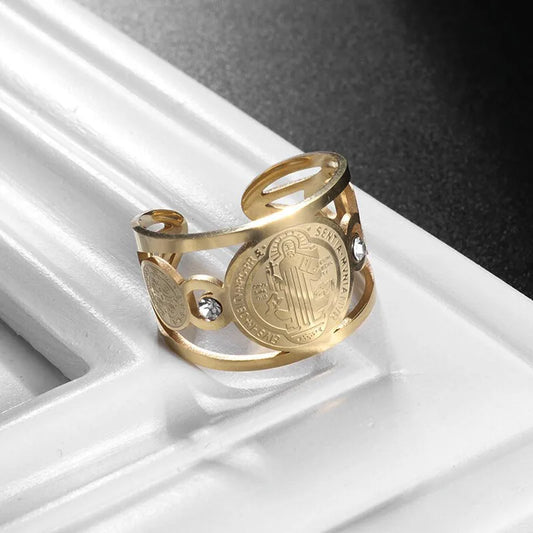 Stainless Steel Catholic Exorcist Saint Benedict Religious Adjustable Size Ring Christian Religious Prayer Jewelry for Men Women