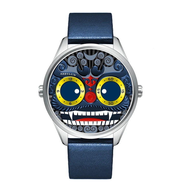 ABBYLUN 1363 Men's Quartz Watch Gold Clown Lion Creative Personalized Design Dial Leather Strap Cool Men's Watch montre homme