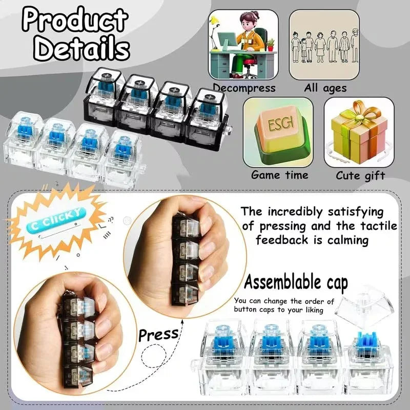 LED Keyboard Keychain Fidget Toys Crystal Clicker Sensory Toy for Stress Relief Keyboard Keychain Fidget Gadget for Adults Kid