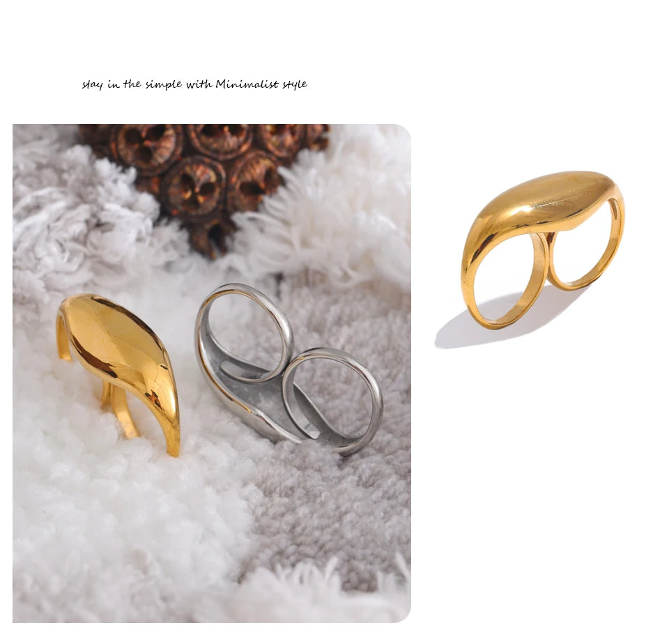 Yhpup Stainless Steel Metal Double Finger Geometric Ring Personality Rust Proof Attractive Big Exaggerated Jewelry Gift