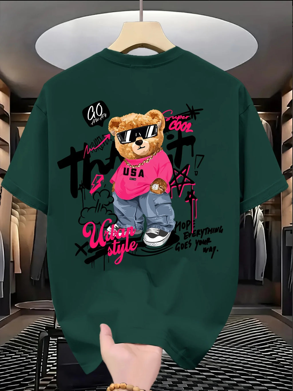 Best-selling Fashion Cute Bear Print 100% Cotton Trendy Men T-shirt Summer Daily Outdoor Sports Casual Loose Street Short-sleeve