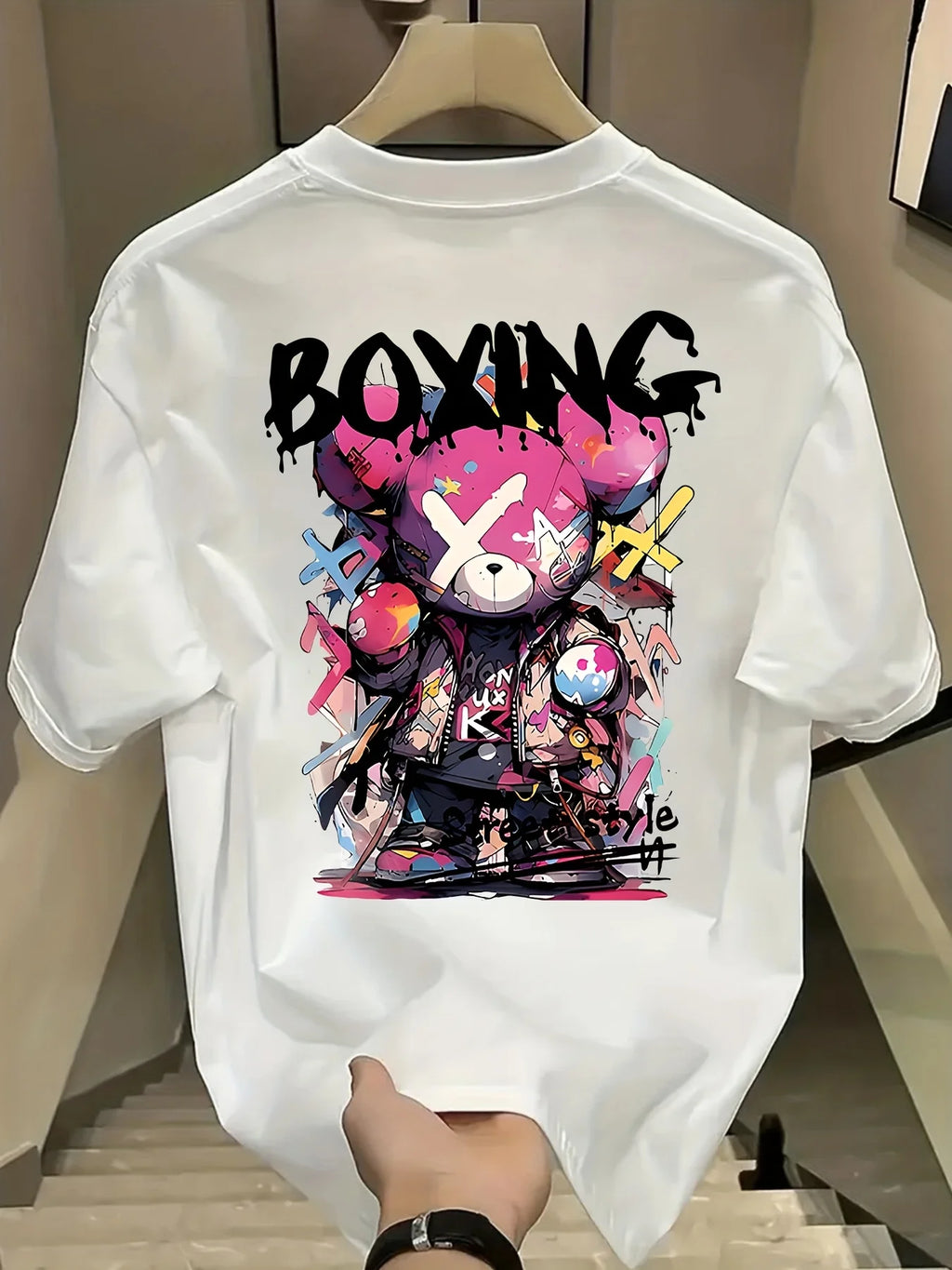 Summer Men's Street Trend Cartoon Bear Print Short-Sleeved T-Shirt Outdoor Comfort Relaxing Breathable Loose 100% Cotton Shirt