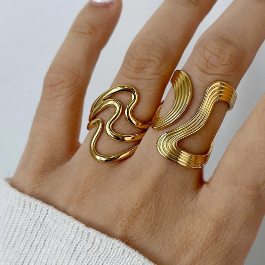 Stainless Steel Irregular Wave Rings for Women Men Creative Gold Color Adjustable Opening Ring Female Statement Jewelry Gifts