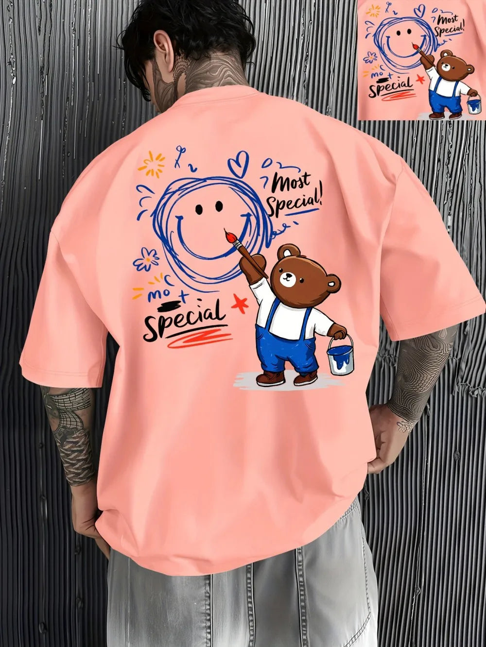 New Men's Summer Personalized Teddy Bear Graffiti Printed Micro Elastic Breathable Round Neck T-shirt Outdoor Street Top