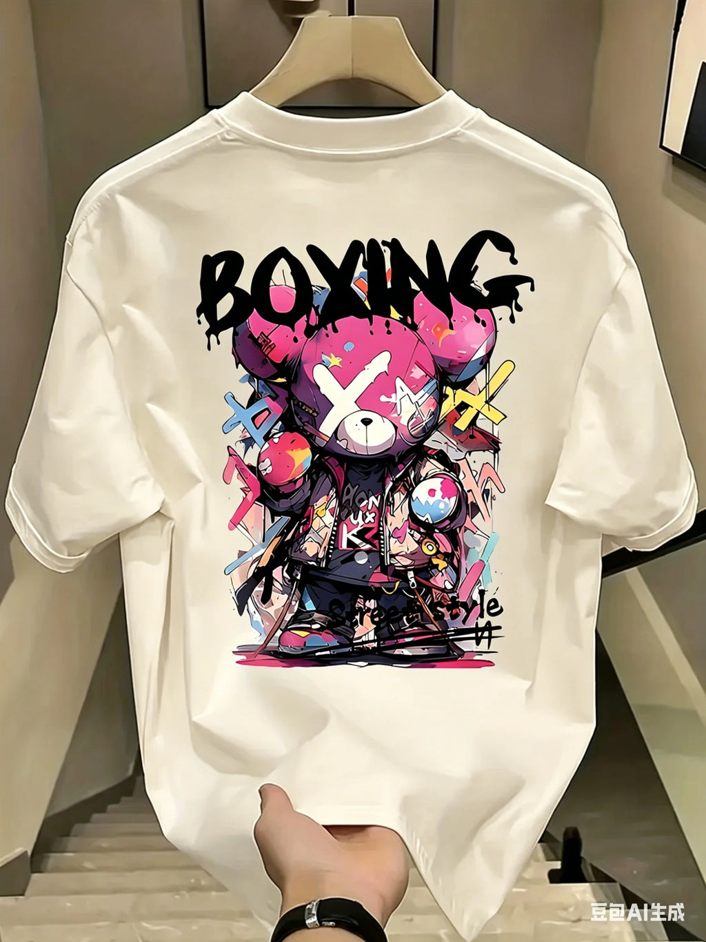Summer Men's Street Trend Cartoon Bear Print Short-Sleeved T-Shirt Outdoor Comfort Relaxing Breathable Loose 100% Cotton Shirt