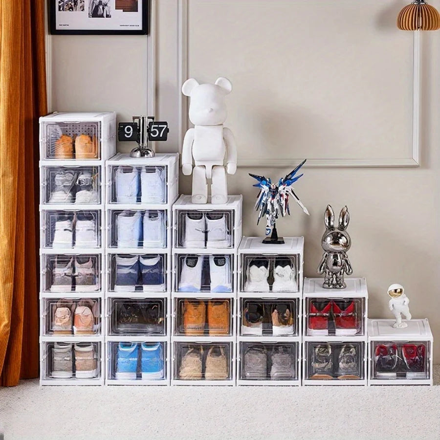 Stackable Shoe Organizer -Dustproof Storage Cabinet with Doors - Durable Plastic Boot and Accessory Rack