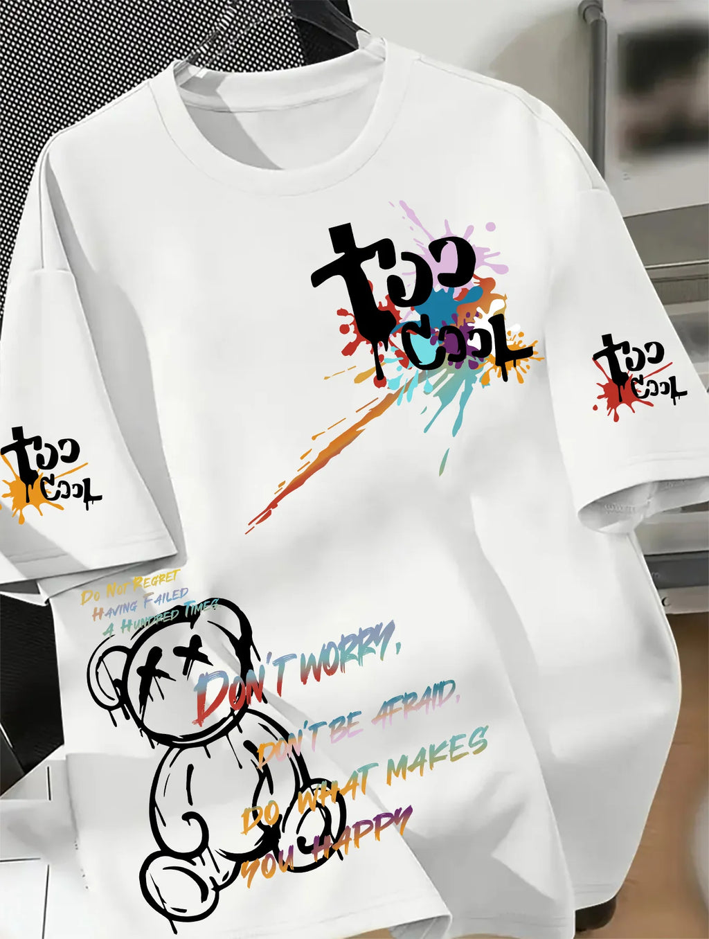Men's Hip Hop Graffiti Bear Print T Shirt - "Too Cool" Streetwear Short Sleeve Tee Casual Fashion Tops