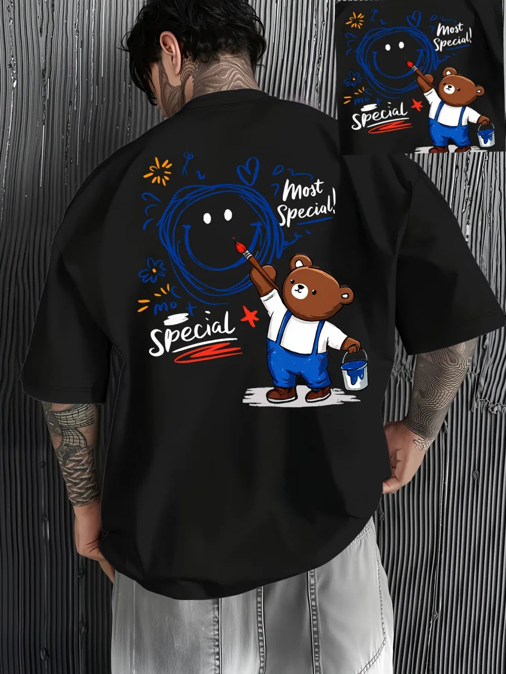 New Men's Summer Personalized Teddy Bear Graffiti Printed Micro Elastic Breathable Round Neck T-shirt Outdoor Street Top