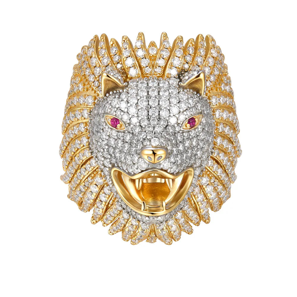 S925 Sterling Silver Gold Plated Lion Head Moissanite Ring, D Color VVS1 Ruby Accent Full Pave Iced Out Hip Hop Jewelry for Men