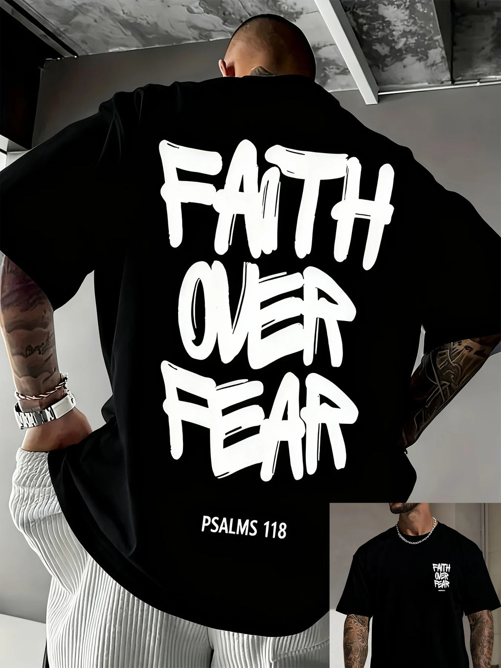 Summer men's 100% pure cotton casual fashionable loose FAITH OVER FEAR letter printed round neck short sleeved T-shirt