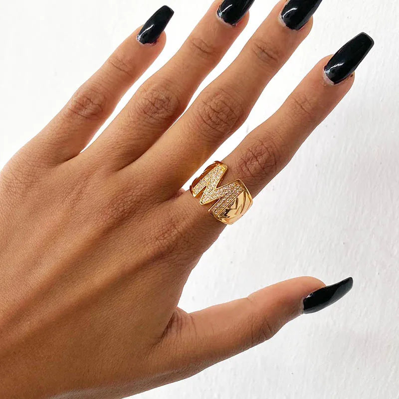 Chunky Wide Zircon Initial Letter Rings For Women Stainless Steel Opening Finger Ring Hip Hop Minimalist Jewelry Gift Femme