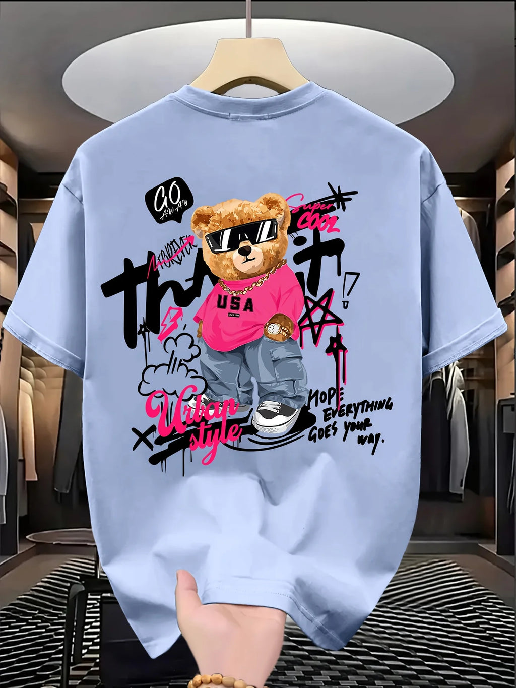 Best-selling Fashion Cute Bear Print 100% Cotton Trendy Men T-shirt Summer Daily Outdoor Sports Casual Loose Street Short-sleeve