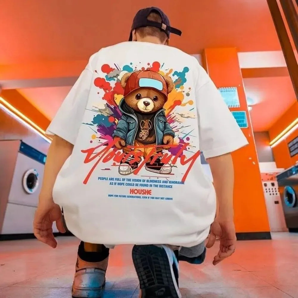 European and American men's summer fun teddy bear graffiti print soft and breathable round neck T-shirt outdoor street top