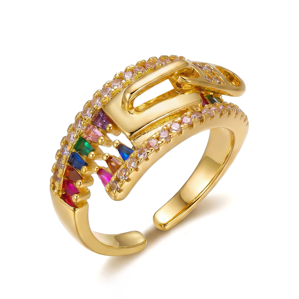 Unique Zipper Design Ring For Women Girls Colorful Cubic Zirconia Geometric Adjustable Finger Ring Party Dating Promise Jewelry