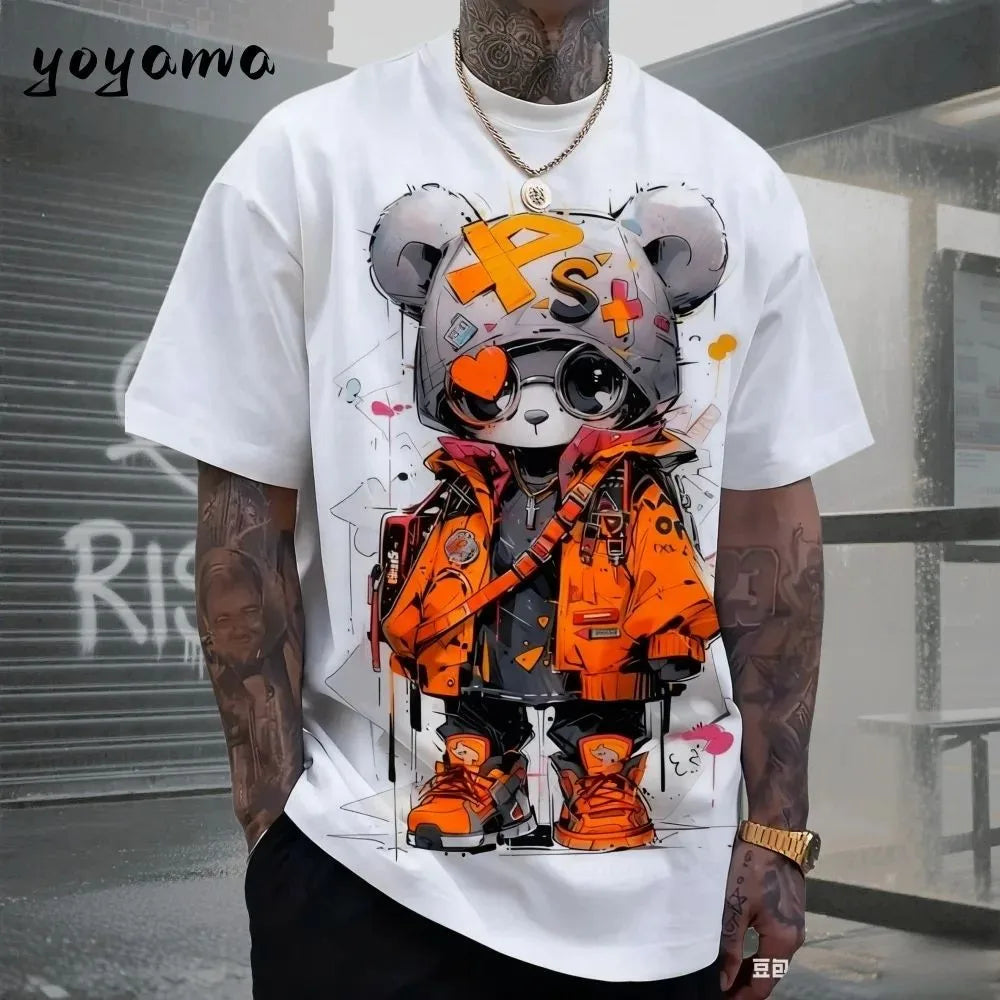 European and American men's summer cool teddy bear print comfortable and breathable round neck T-shirt outdoor street top