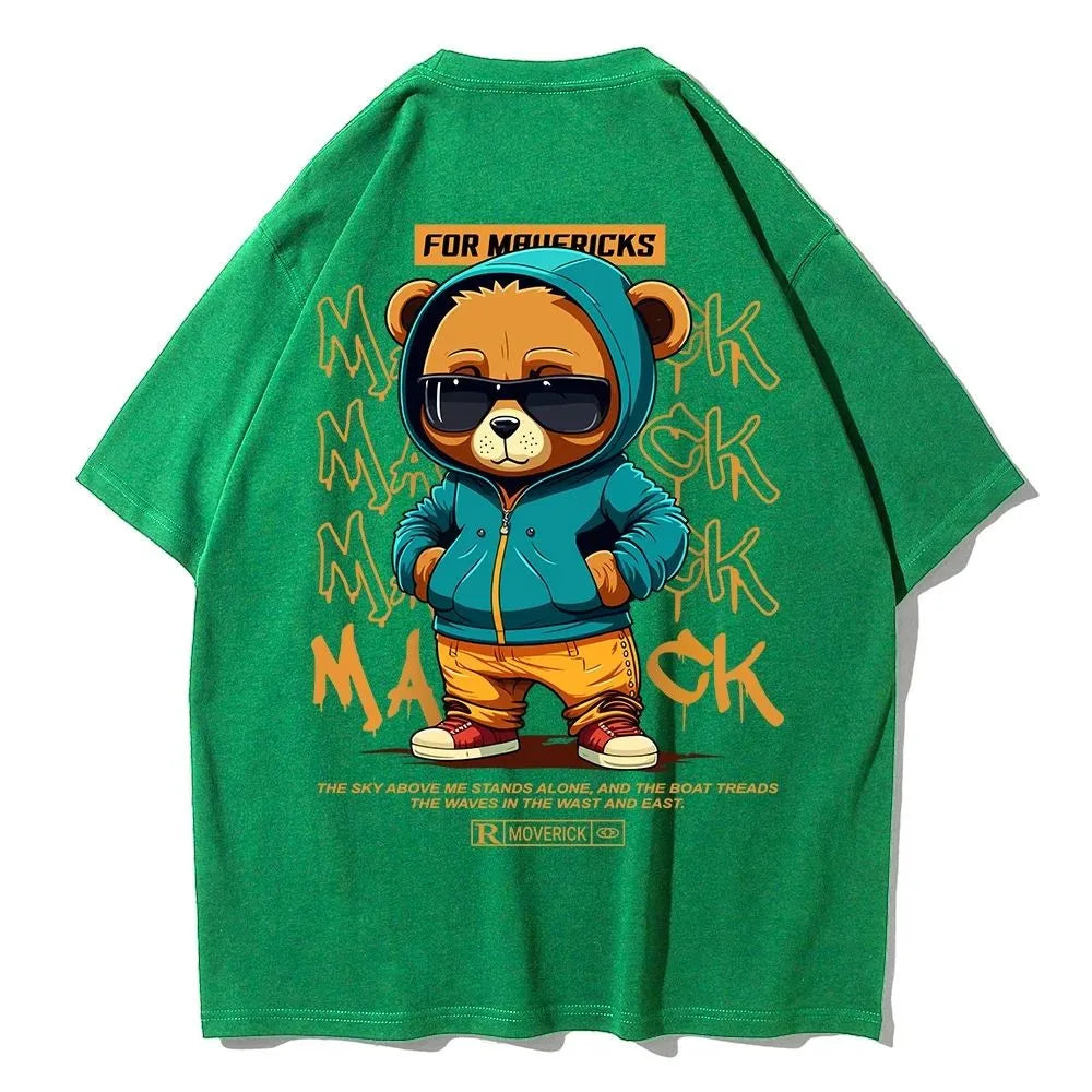 American men's summer personalized cartoon teddy bear letter print soft and breathable round neck T-shirt outdoor street top