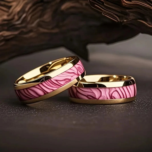 Fashion 8MM Gold Color Men Stainless Steel Ring Pink Abalone Shell Inlay Rings For Men Women Wedding Engagement Jewelry Gift