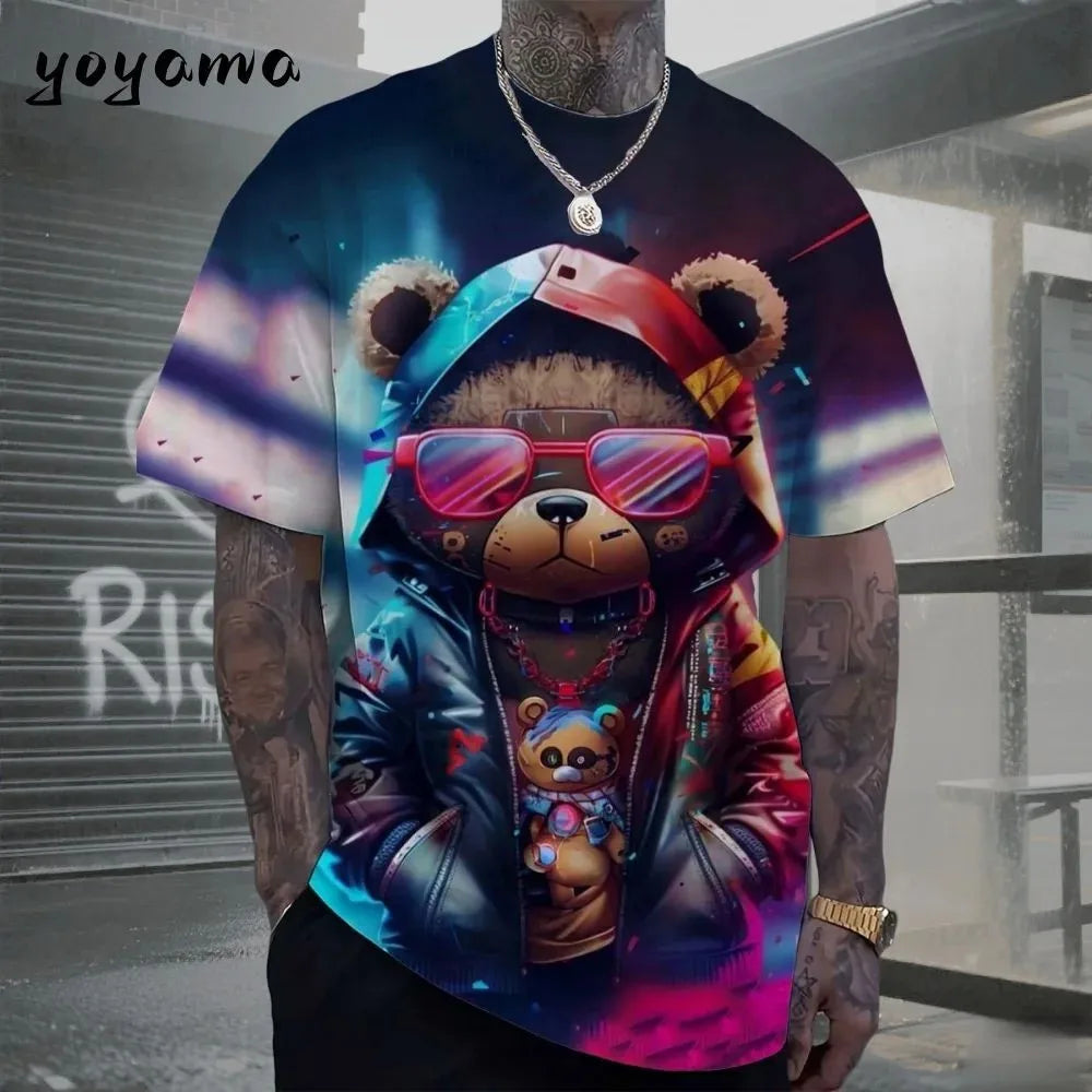 European and American men's summer cool teddy bear print comfortable and breathable round neck T-shirt outdoor street top