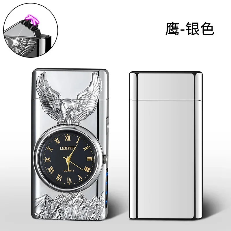 USB Rechargeable Dual Arc Metal Windproof Multifunction Lighter, Eagle Engraved Luminous Dial, LED Lighting Cigarette Lighter