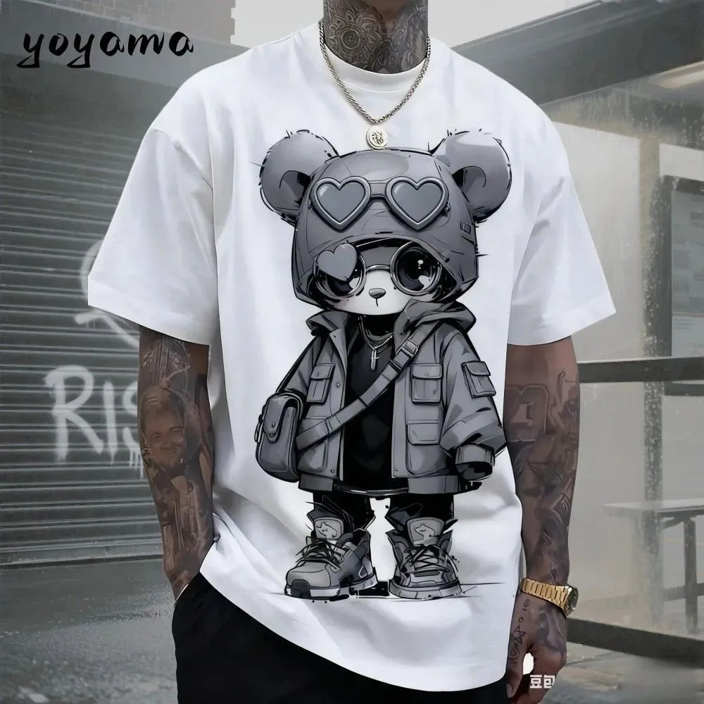 European and American men's summer cool teddy bear print comfortable and breathable round neck T-shirt outdoor street top