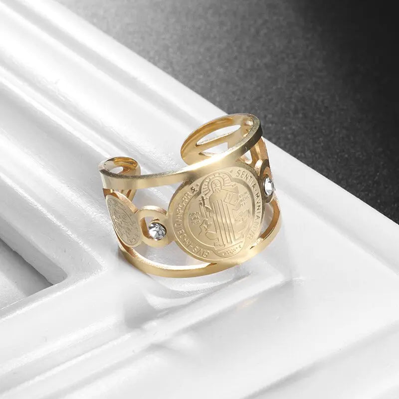 Stainless Steel Catholic Exorcist Saint Benedict Religious Adjustable Size Ring Christian Religious Prayer Jewelry for Men Women