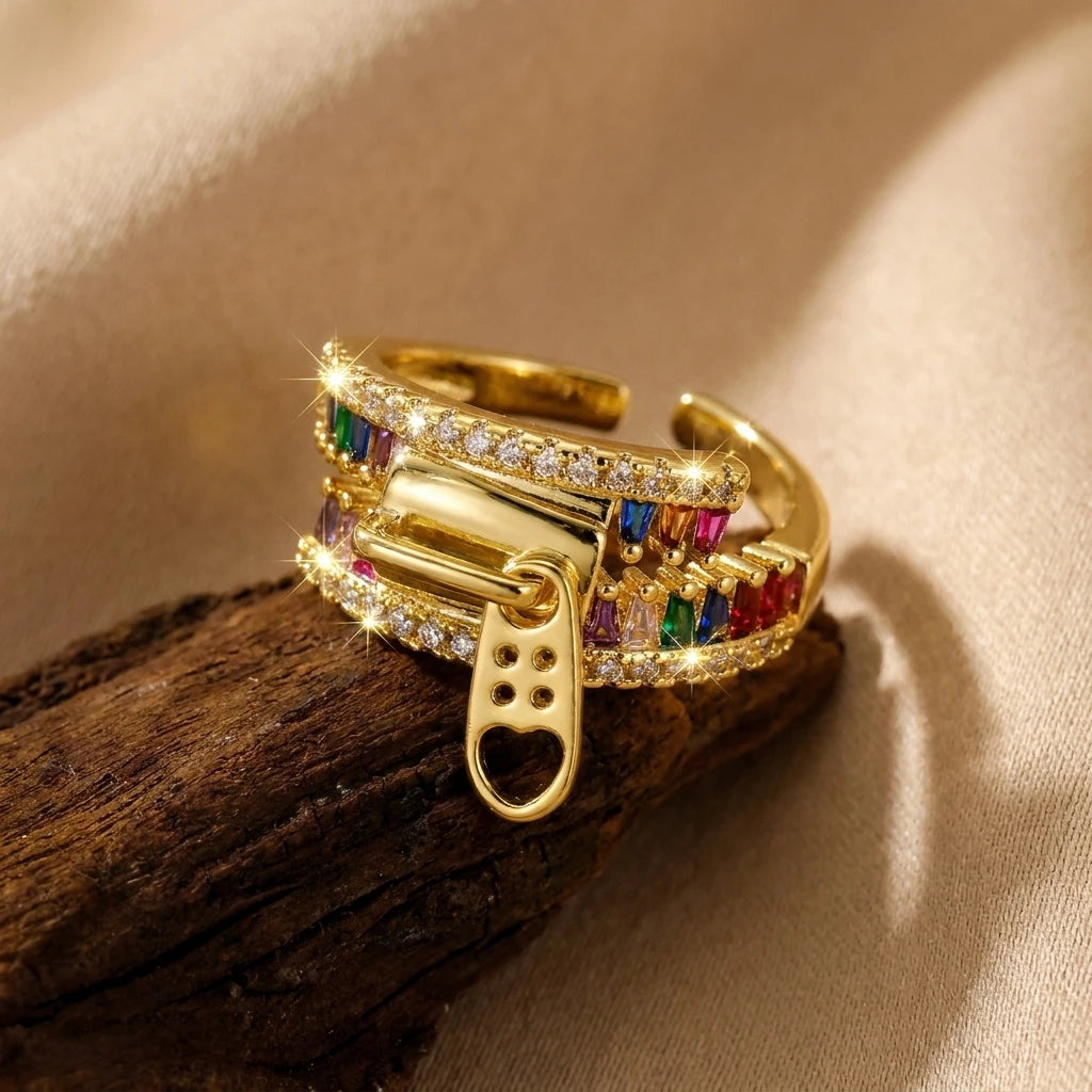 Unique Zipper Design Ring For Women Girls Colorful Cubic Zirconia Geometric Adjustable Finger Ring Party Dating Promise Jewelry