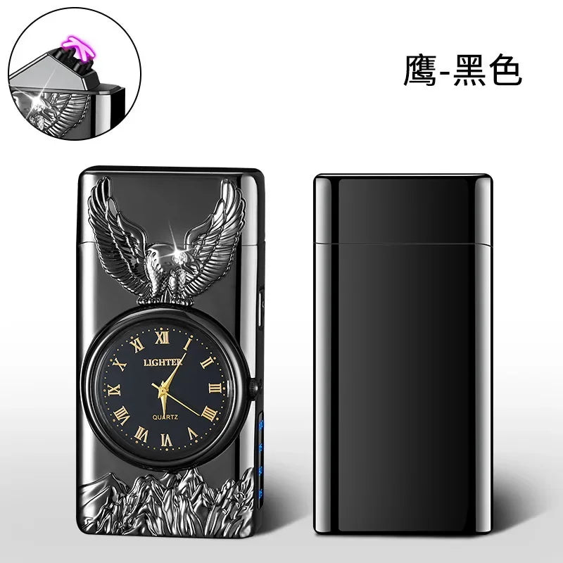 USB Rechargeable Dual Arc Metal Windproof Multifunction Lighter, Eagle Engraved Luminous Dial, LED Lighting Cigarette Lighter