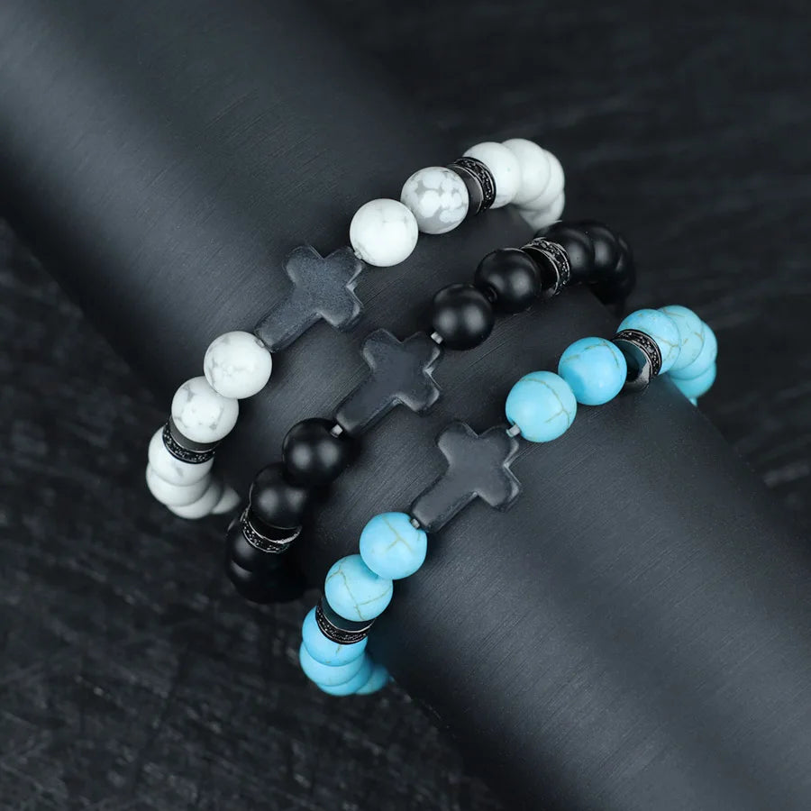Men Crucifix Beaded Bracelet Onyx White Howlite Healing Braclet Charms Natural Stone Prayer Wristbands Stretch Religious Jewelry