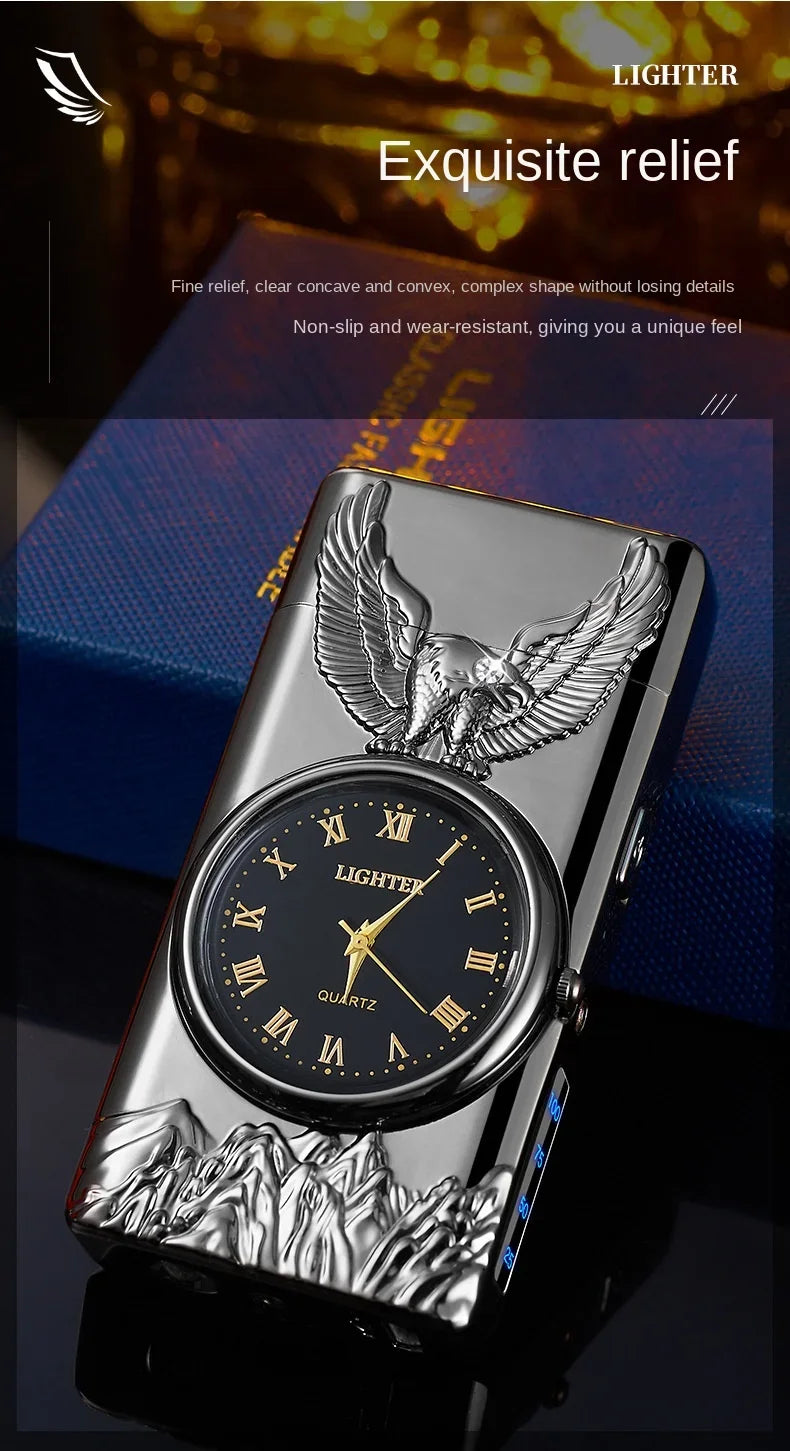 USB Rechargeable Dual Arc Metal Windproof Multifunction Lighter, Eagle Engraved Luminous Dial, LED Lighting Cigarette Lighter