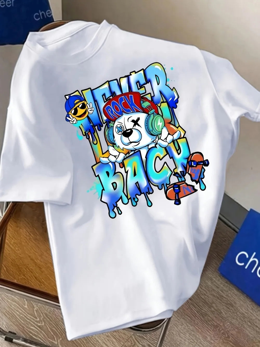 American Men's Summer Music Teddy Bear Graffiti Printed Round Neck T-shirt Comfortable and Breathable Outdoor Street Top