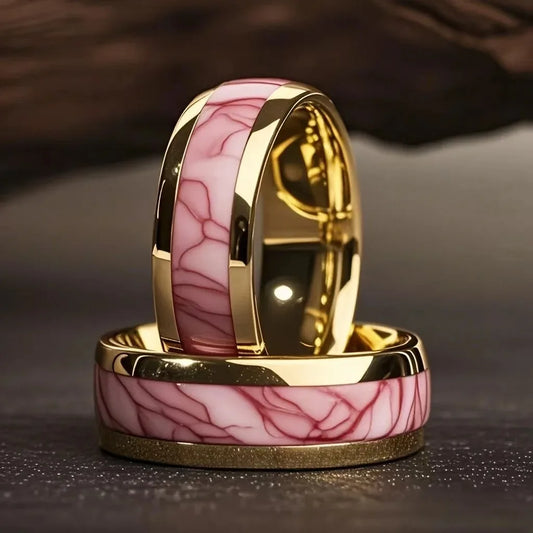 Fashion 8MM Gold Color Men Stainless Steel Ring Pink Abalone Shell Inlay Rings For Men Women Wedding Engagement Jewelry Gift