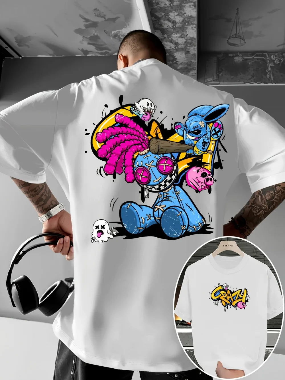 European and American new men's cartoon graffiti print comfortable, soft, breathable round neck T-shirt outdoor street style top