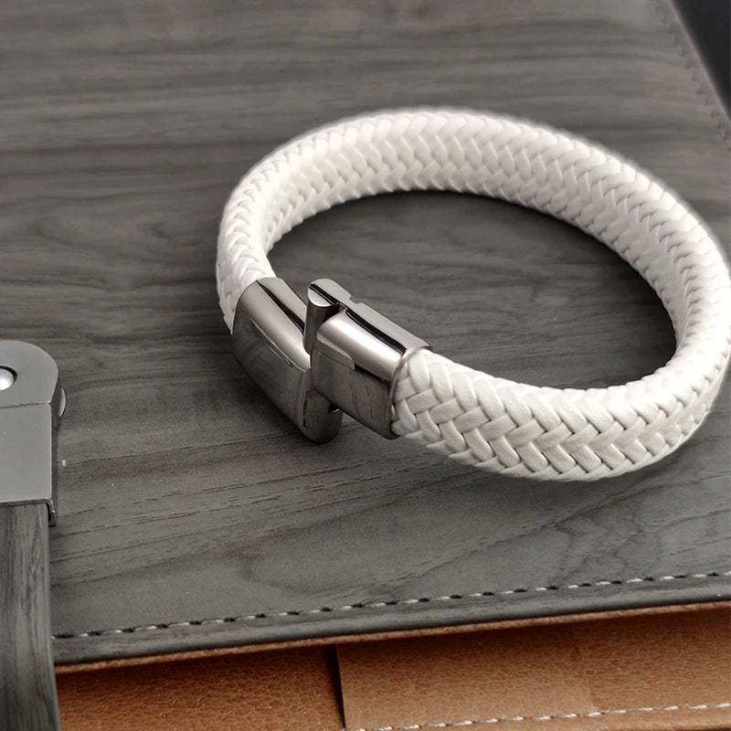 Fashion Simple White Leather Braid Bracelet Stainless Steel Buckle Clasps for Men Handmade Bangle Wholesale Charm Jewelry Gift