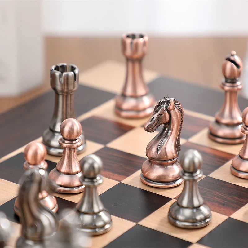 High end metal chess pieces, 38cm/15 inches, ebony wooden chessboard, providing foldable classic games for chess enthusiasts