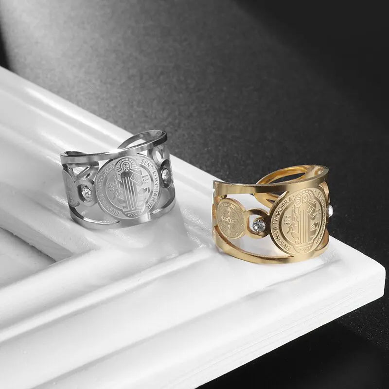 Stainless Steel Catholic Exorcist Saint Benedict Religious Adjustable Size Ring Christian Religious Prayer Jewelry for Men Women