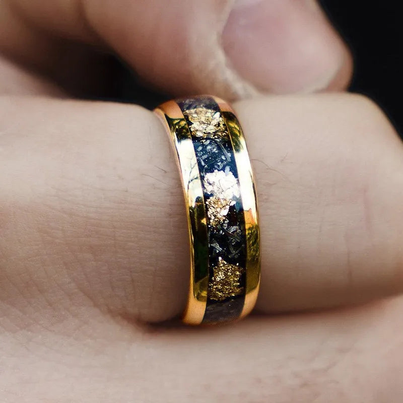 8MM Fashion Stainless Steel Rings Inlay Meteorite Abalone Shell Steel Rings For Men Women Wedding Engagement Band Jewelry Gift