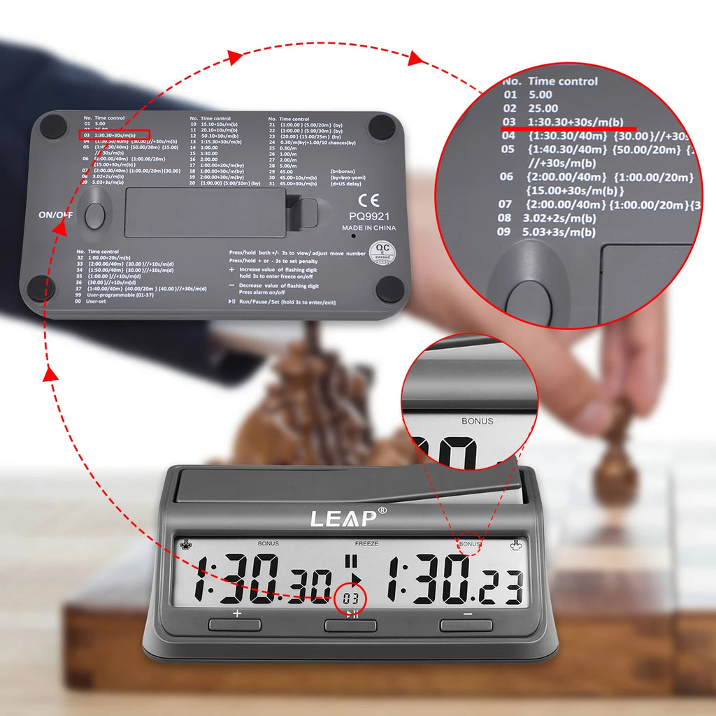 LEAP PQ9921 Chess Clock Digital Chess Timer for Board Games Timer 37 Preset Programme Countdown Bonus/Increment Delay Byo-yomi