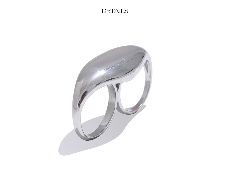 Yhpup Stainless Steel Metal Double Finger Geometric Ring Personality Rust Proof Attractive Big Exaggerated Jewelry Gift