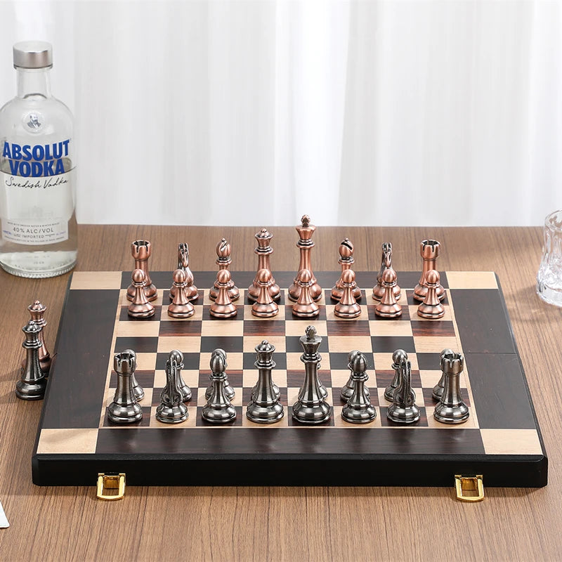 High end metal chess pieces, 38cm/15 inches, ebony wooden chessboard, providing foldable classic games for chess enthusiasts