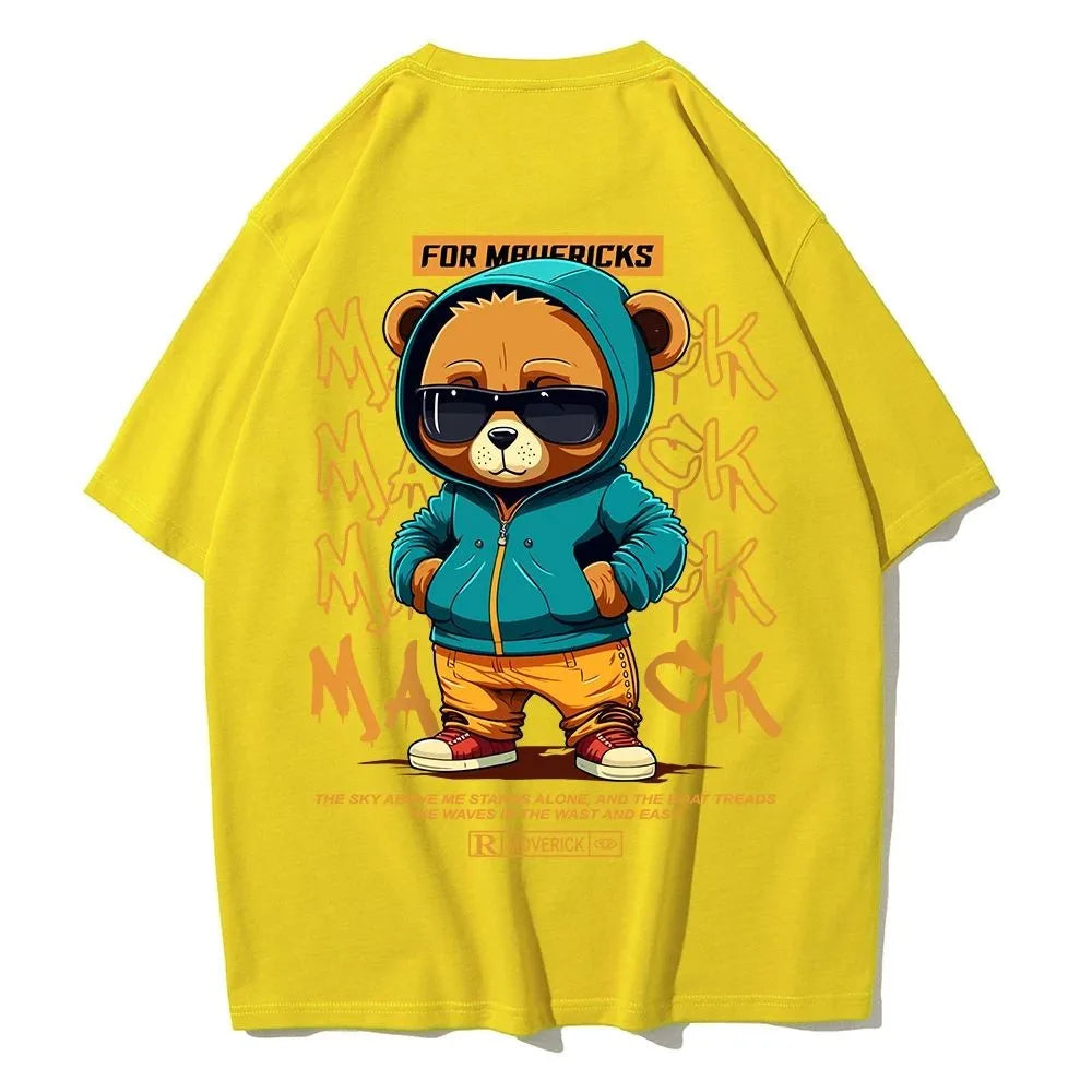 American men's summer personalized cartoon teddy bear letter print soft and breathable round neck T-shirt outdoor street top