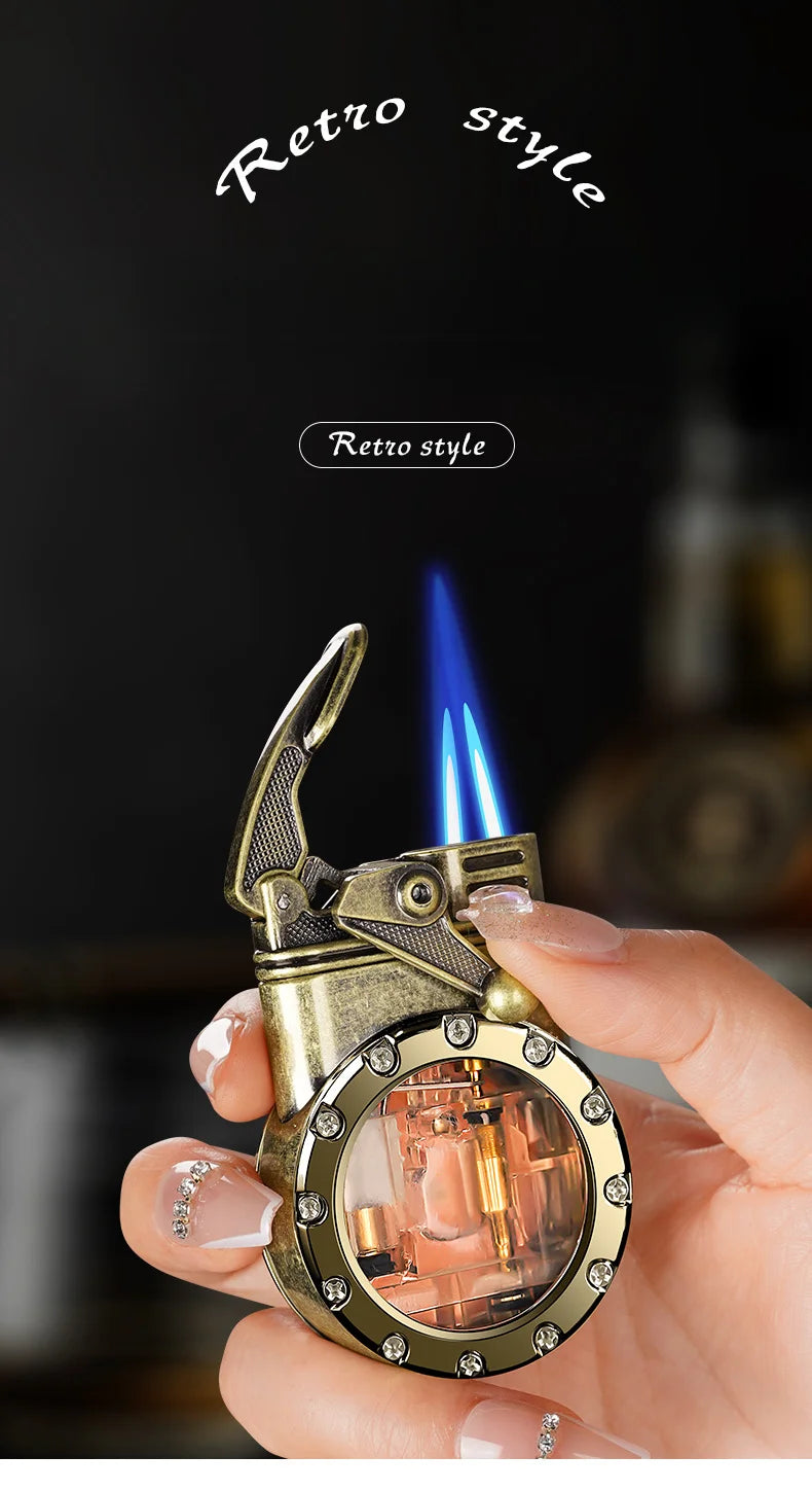 Personalized Rocker Double Straight Blue Flame Lighter Transparent Air Chamber Inflatable Lighter Men's High-end Business Gift