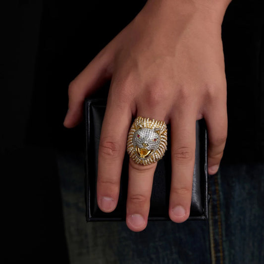 S925 Sterling Silver Gold Plated Lion Head Moissanite Ring, D Color VVS1 Ruby Accent Full Pave Iced Out Hip Hop Jewelry for Men