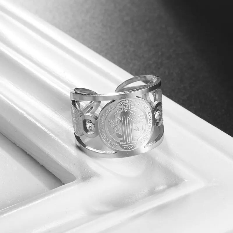 Stainless Steel Catholic Exorcist Saint Benedict Religious Adjustable Size Ring Christian Religious Prayer Jewelry for Men Women
