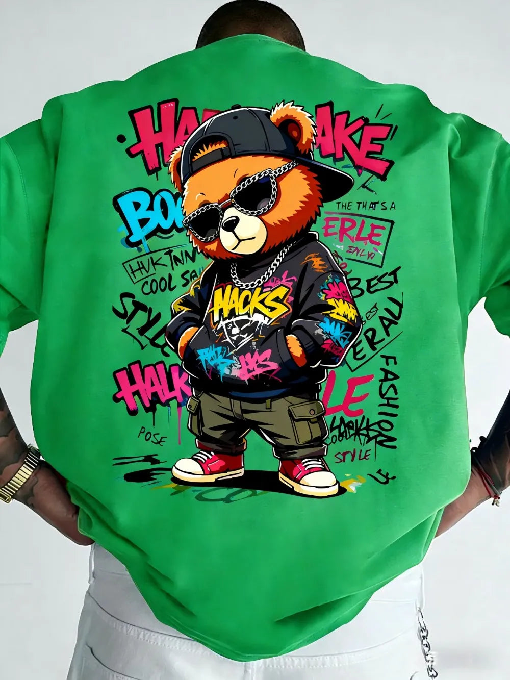 European and American men's summer teddy bear graffiti print comfortable and breathable round neck T-shirt outdoor street top