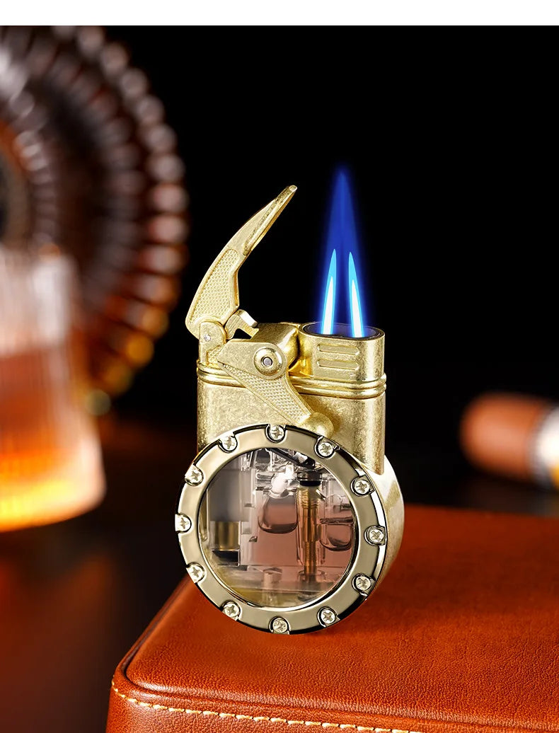 Personalized Rocker Double Straight Blue Flame Lighter Transparent Air Chamber Inflatable Lighter Men's High-end Business Gift