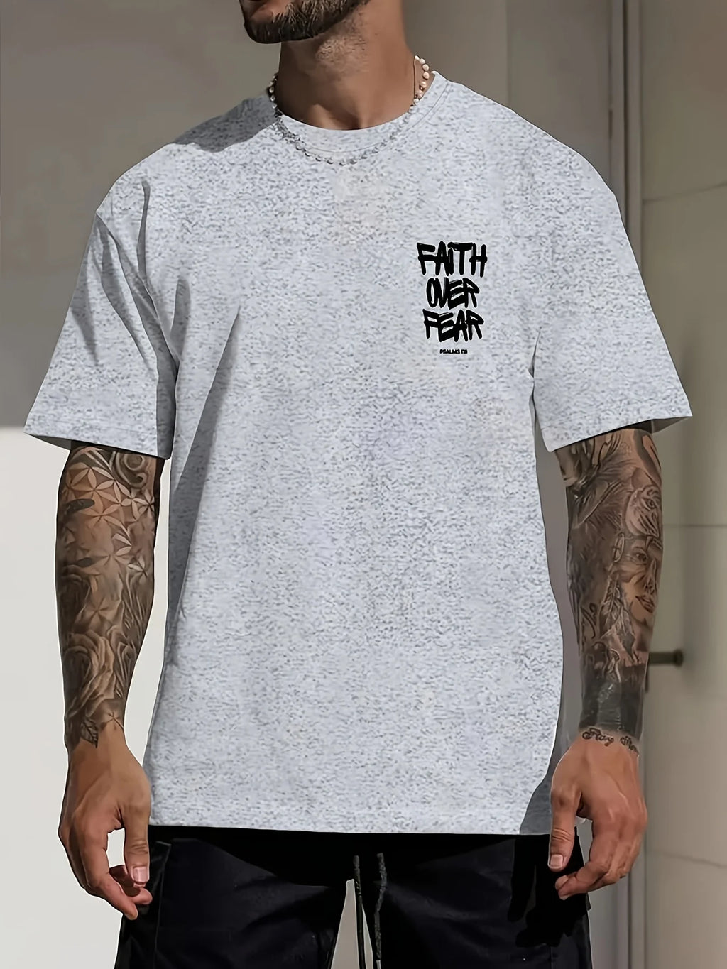 Summer men's 100% pure cotton casual fashionable loose FAITH OVER FEAR letter printed round neck short sleeved T-shirt
