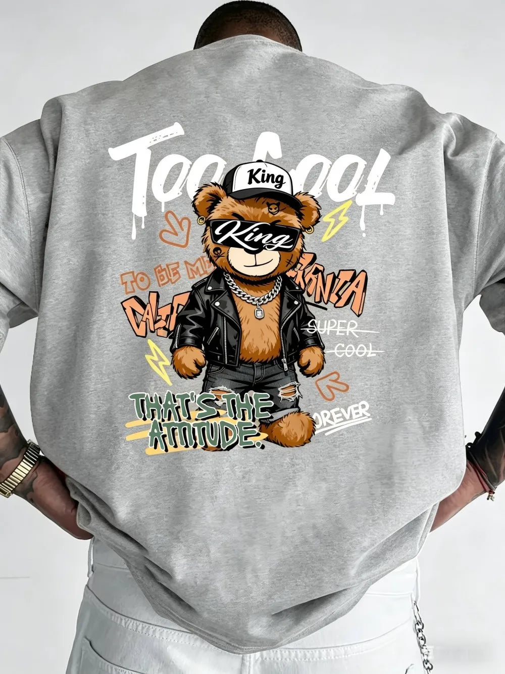 European and American men's summer teddy bear skateboard print comfortable and breathable round neck Tshrit outdoor street top