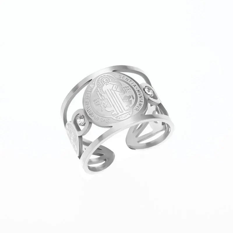 Stainless Steel Catholic Exorcist Saint Benedict Religious Adjustable Size Ring Christian Religious Prayer Jewelry for Men Women