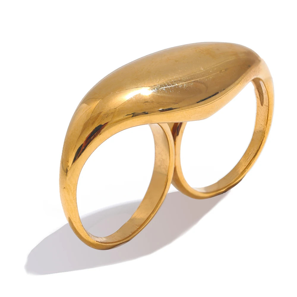 Yhpup Stainless Steel Metal Double Finger Geometric Ring Personality Rust Proof Attractive Big Exaggerated Jewelry Gift