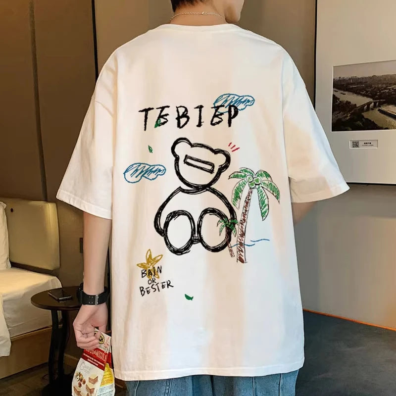 Trendy Little Bear 2026 Summer Casual new T-shirt Pure Cotton Cartoon Printed Men women Clothing New Anime Fashion Short Sleeve